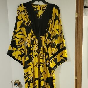 Yellow and Black Floral Maxi Dress with V-Neck